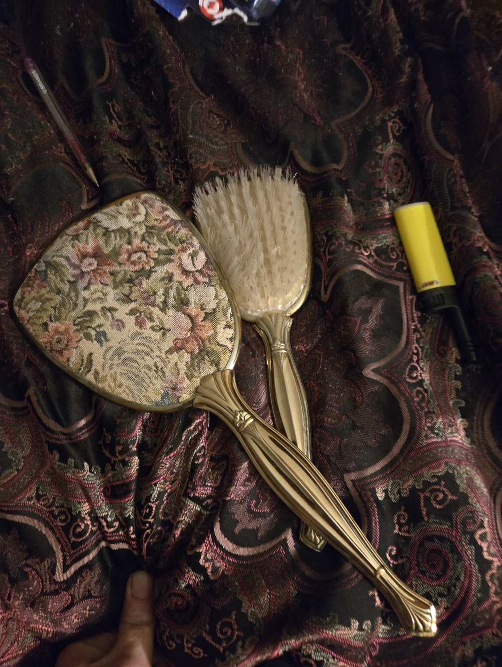 Vintage Floral Hand Mirror and Brush Set - Gold Tone